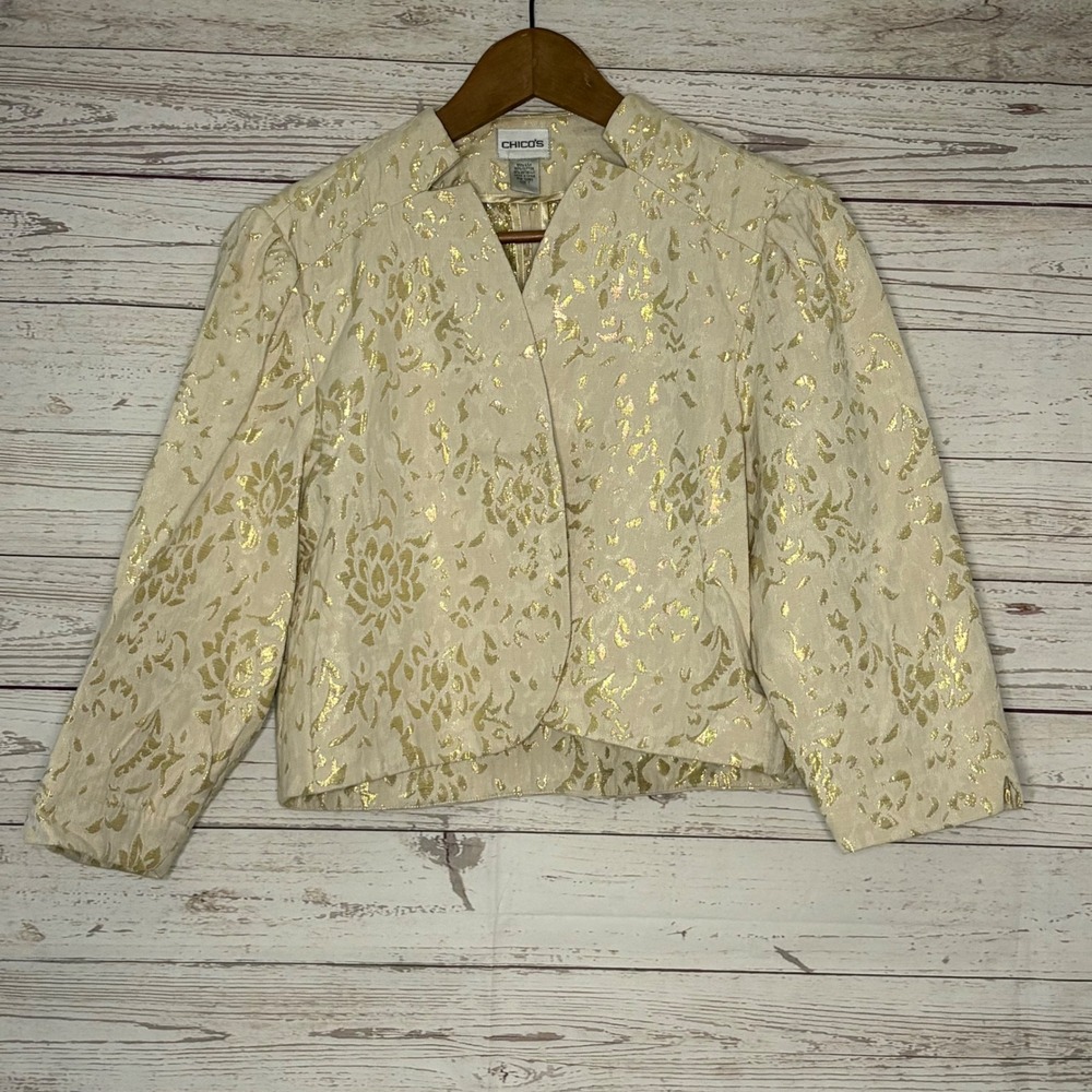 Chicos Silk Gold Metallic Floral Brocade Jacket Cream Evening Size 1 M
